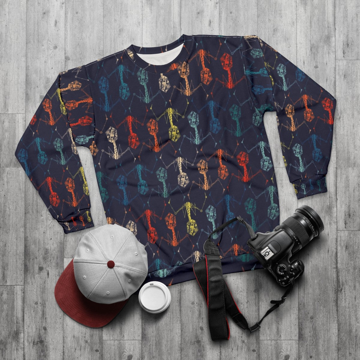 Built Phage Rainbow Sweatshirt featuring a bacteriophage graphic design - flat lay