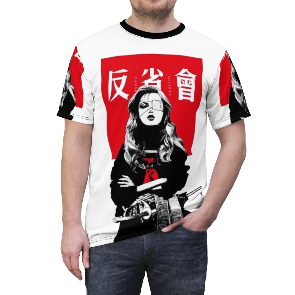 Cyberpunk girl in Japanese samurai inspired urban style graphic t-shirt - men front