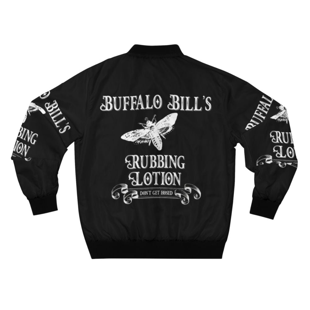 Spooky bomber jacket with Buffalo Bill "it rubs the lotion" horror design - Back