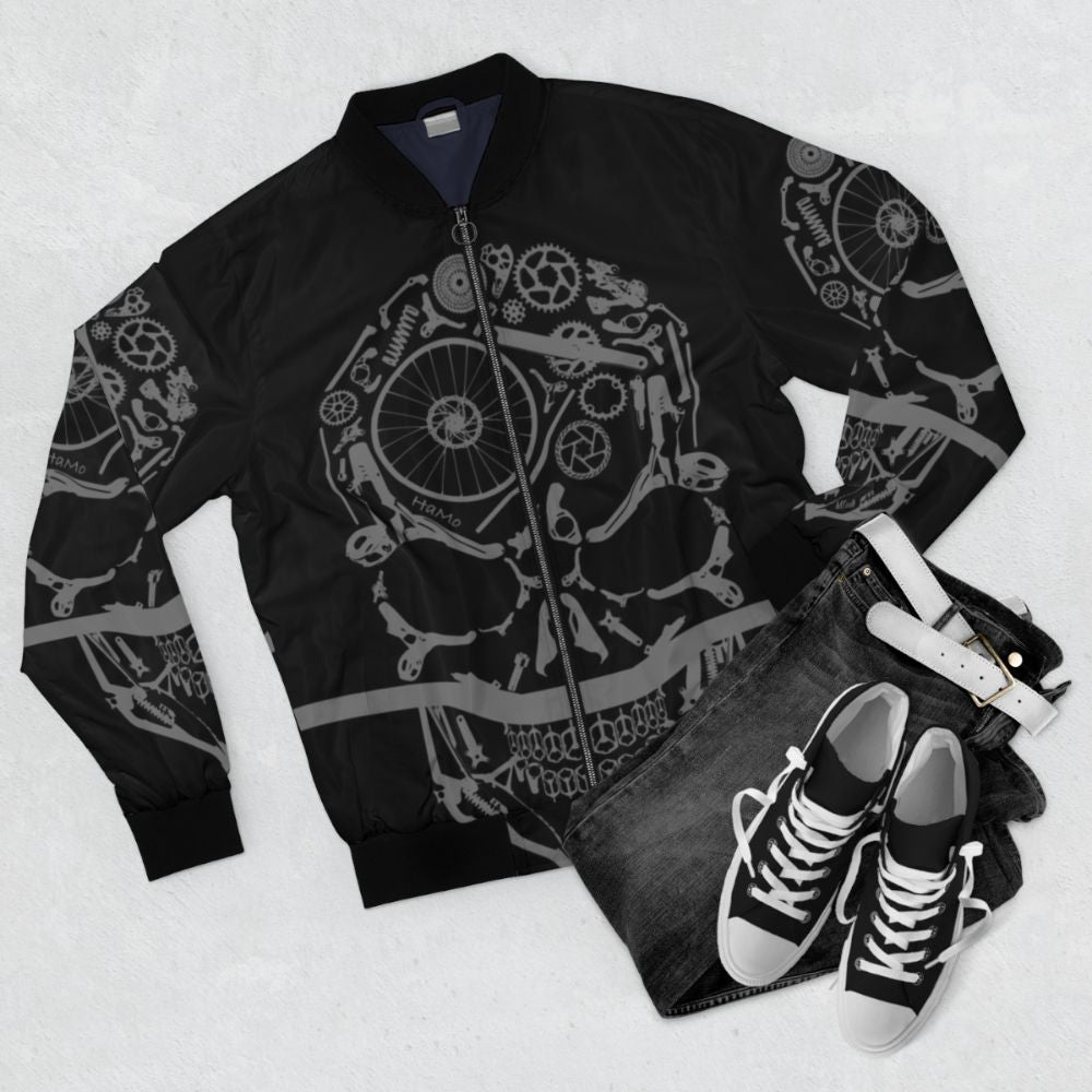 Mountain biking skulls bomber jacket from New Zealand - Flat lay