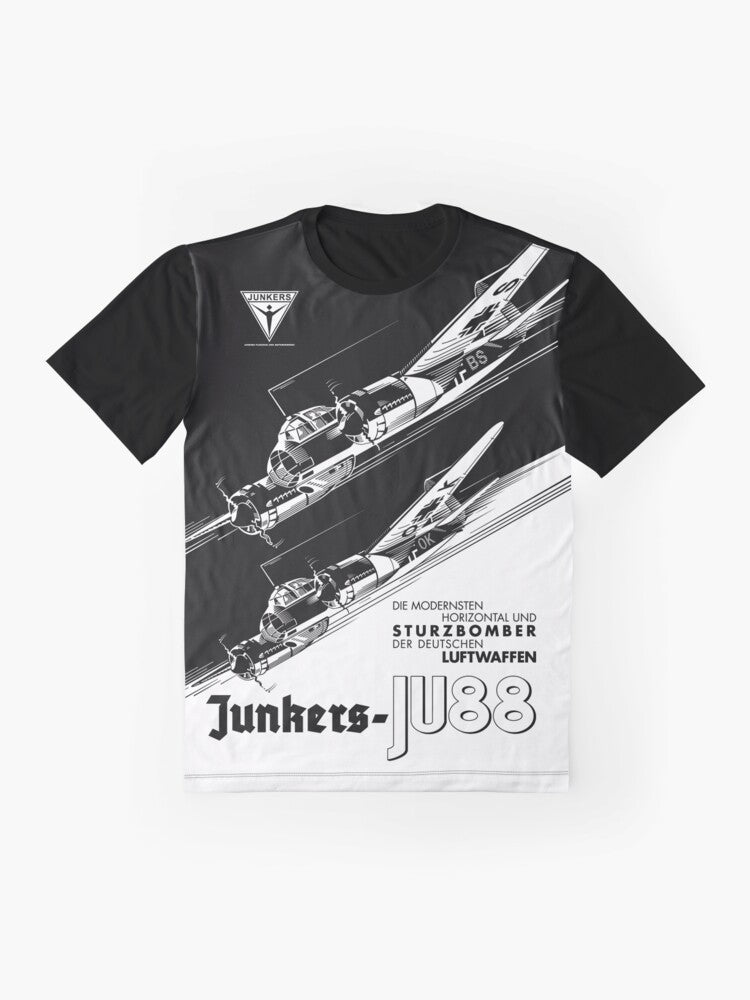 A graphic t-shirt featuring the iconic JU-88 bomber aircraft from World War 2, representing the German air force and military history. - Flat lay