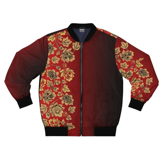 Khokhloma inspired bomber jacket with traditional Russian ethnic graphic pattern