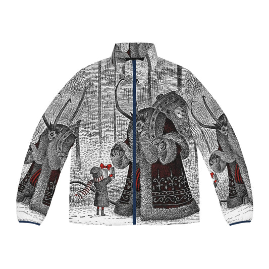 Krampus-inspired puffer jacket with snowy, vintage design