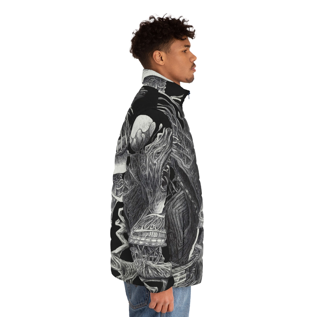 Unique and unsettling waste puffer jacket with surreal monster design - men side right