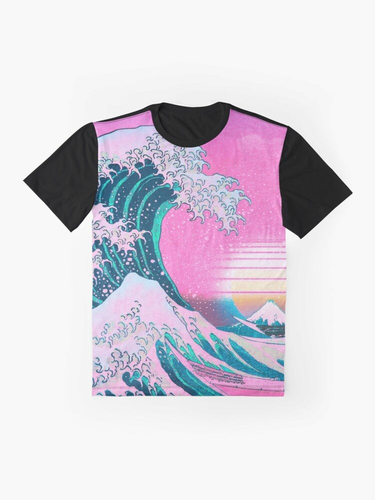 Vaporwave-inspired t-shirt featuring the iconic 'Great Wave Off Kanagawa' design with a retro sunset backdrop - Flat lay