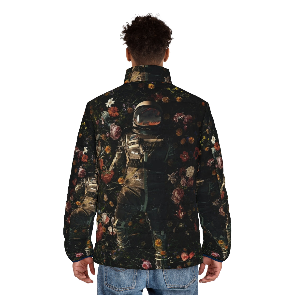 Puffer jacket with cosmic garden and surreal floral design - men back