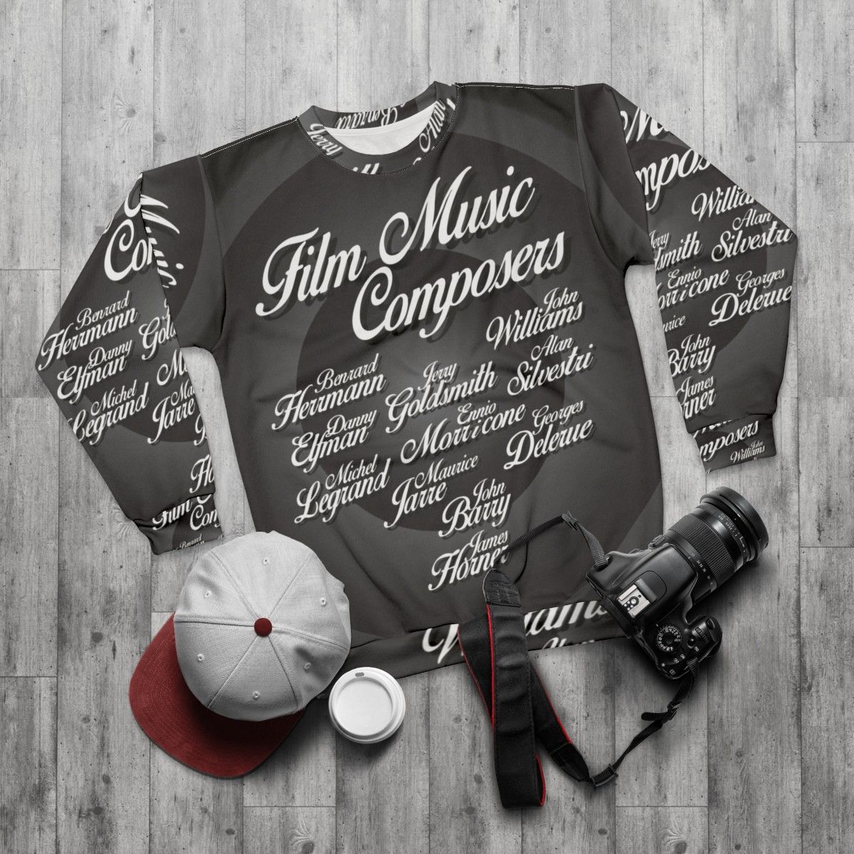 Movie Music Composers Sweatshirt featuring iconic film score composers - flat lay