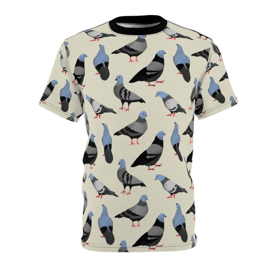 Colorful graphic illustration of pigeons on an all-over-print t-shirt design