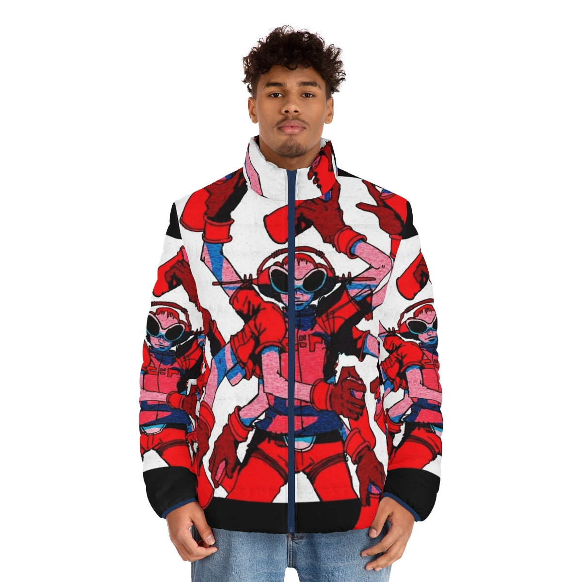 Jet Set Radio inspired puffer jacket with vibrant colors and retro gaming graphics - men front