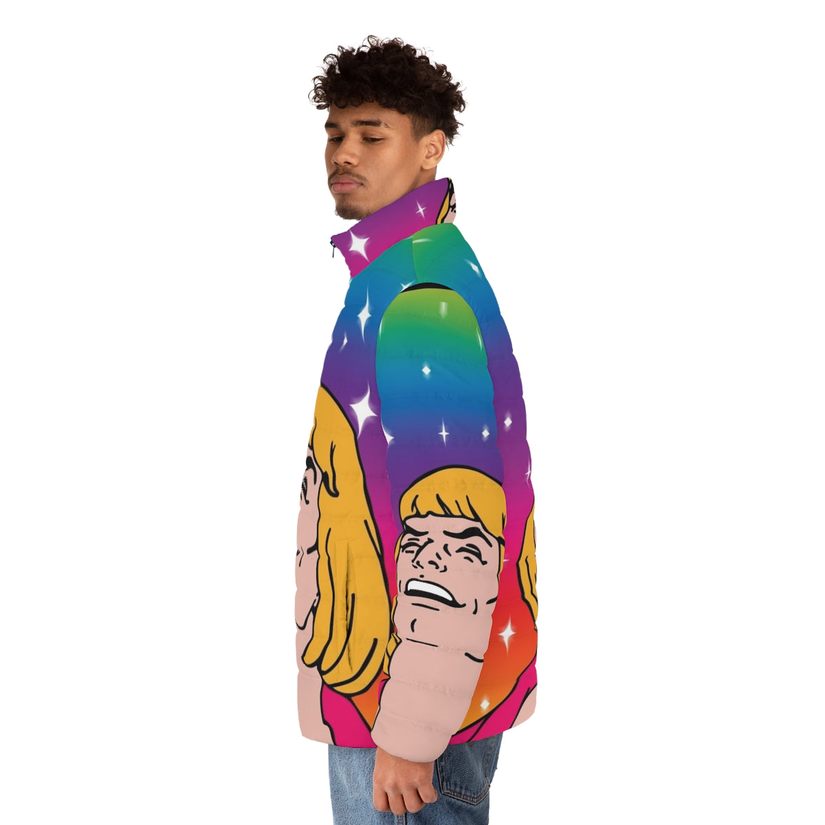 Retro "What's Going On?" He-Man inspired puffer jacket with colorful 80s design - men side left