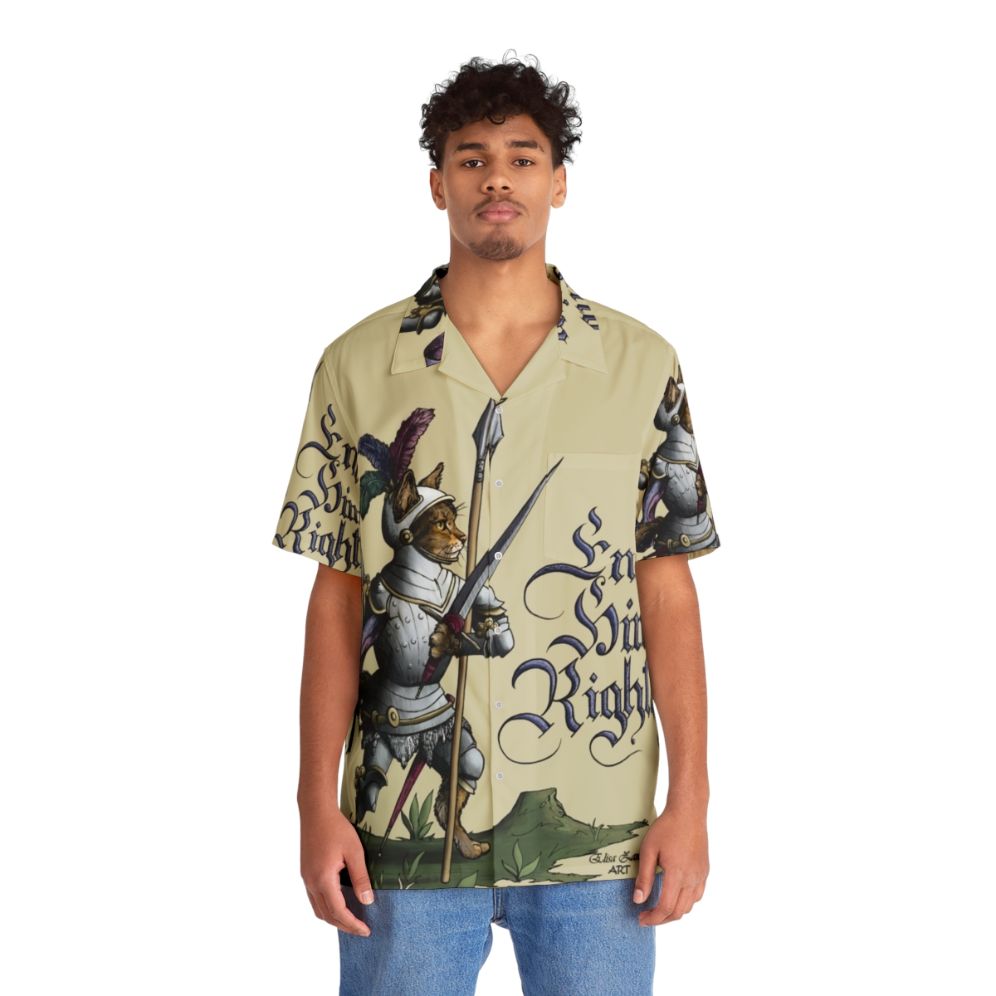 Medieval cat print Hawaiian shirt with swords and armor - People Front