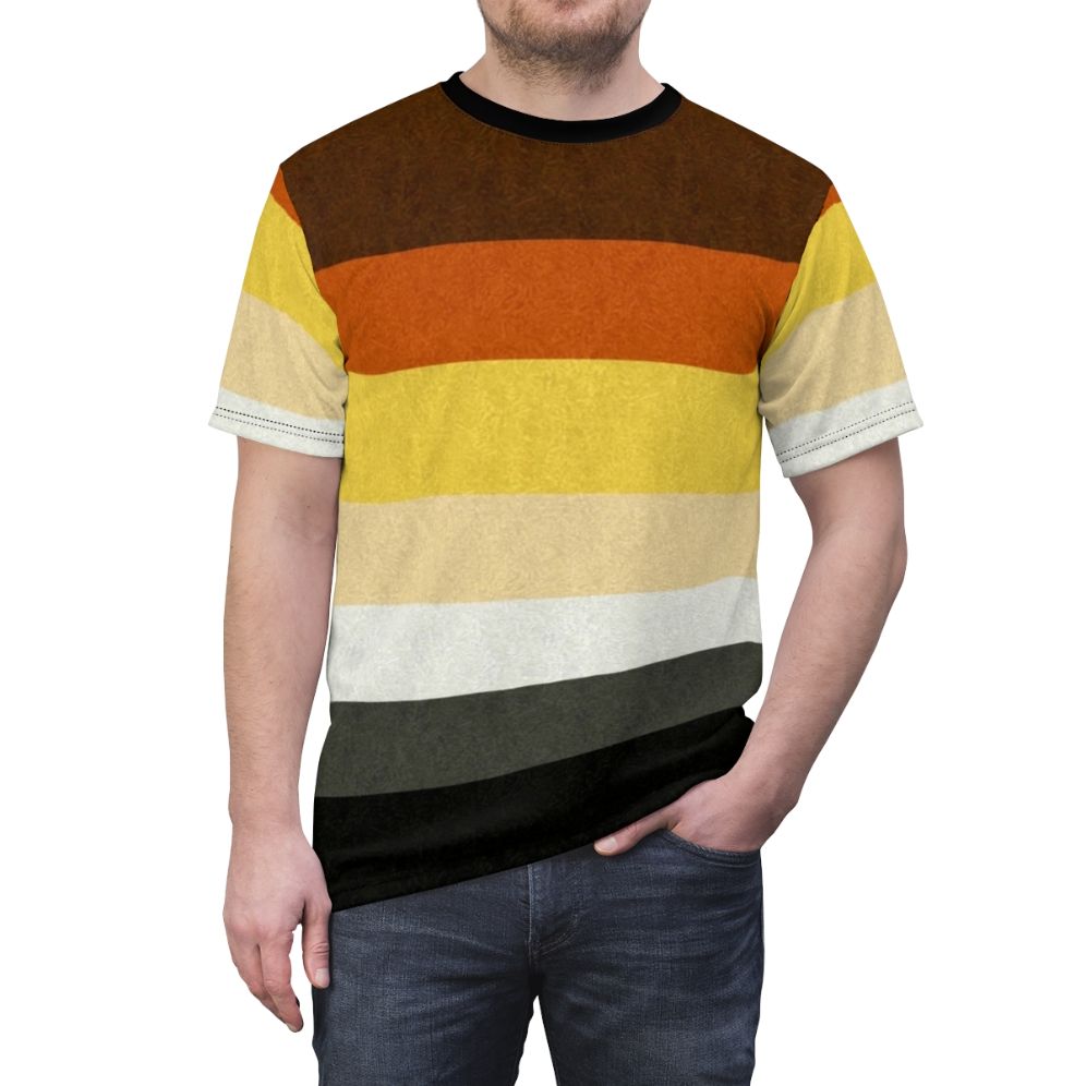 Colorful graphic t-shirt featuring a gay pride flag design on a background - men front