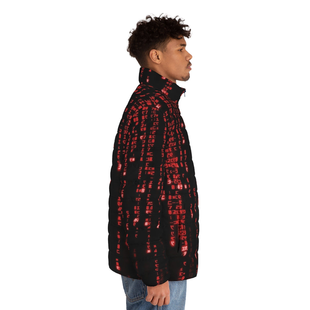 The Red Matrix Code Puffer Jacket with binary code and futuristic graphic design - men side right