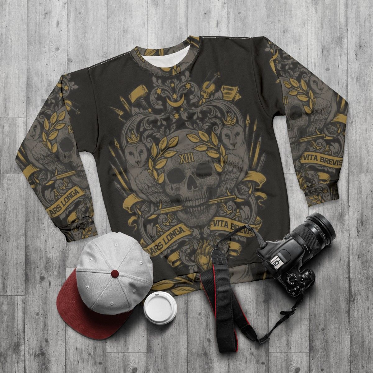 Ars Longa Vita Brevis Artists Sweatshirt with Heraldic Skull Motif - flat lay