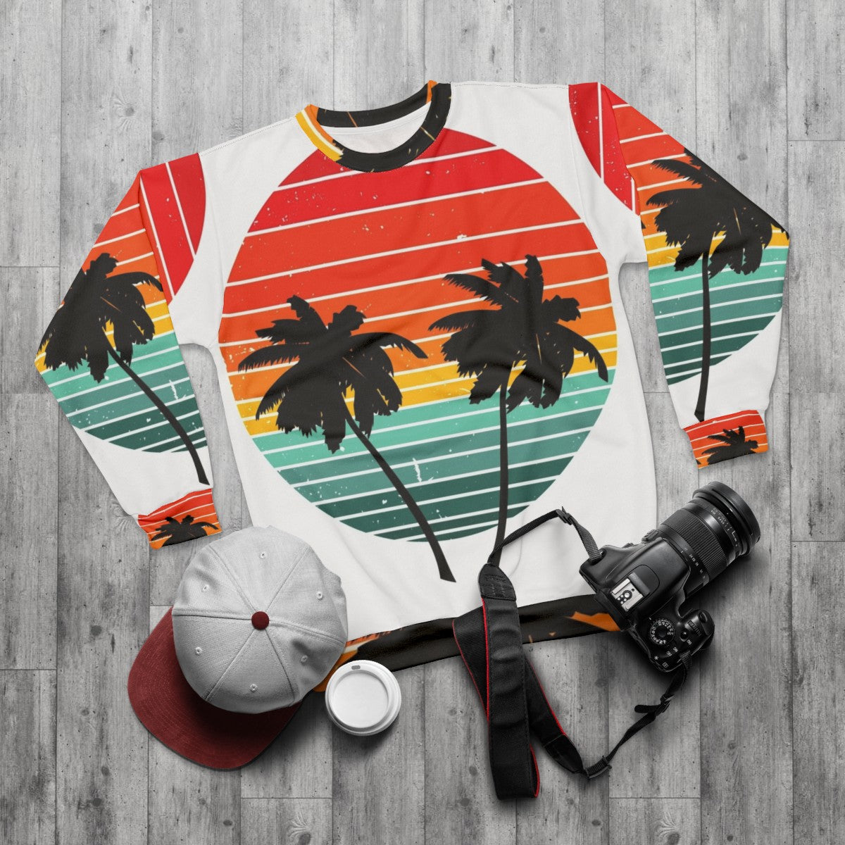 Black summer sweatshirt with vivid tropical palm tree design - flat lay