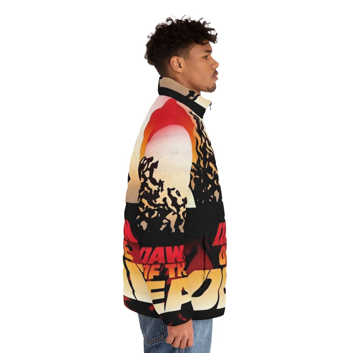 Dawn of the Dead inspired puffer jacket with zombie and horror movie graphics - men side right