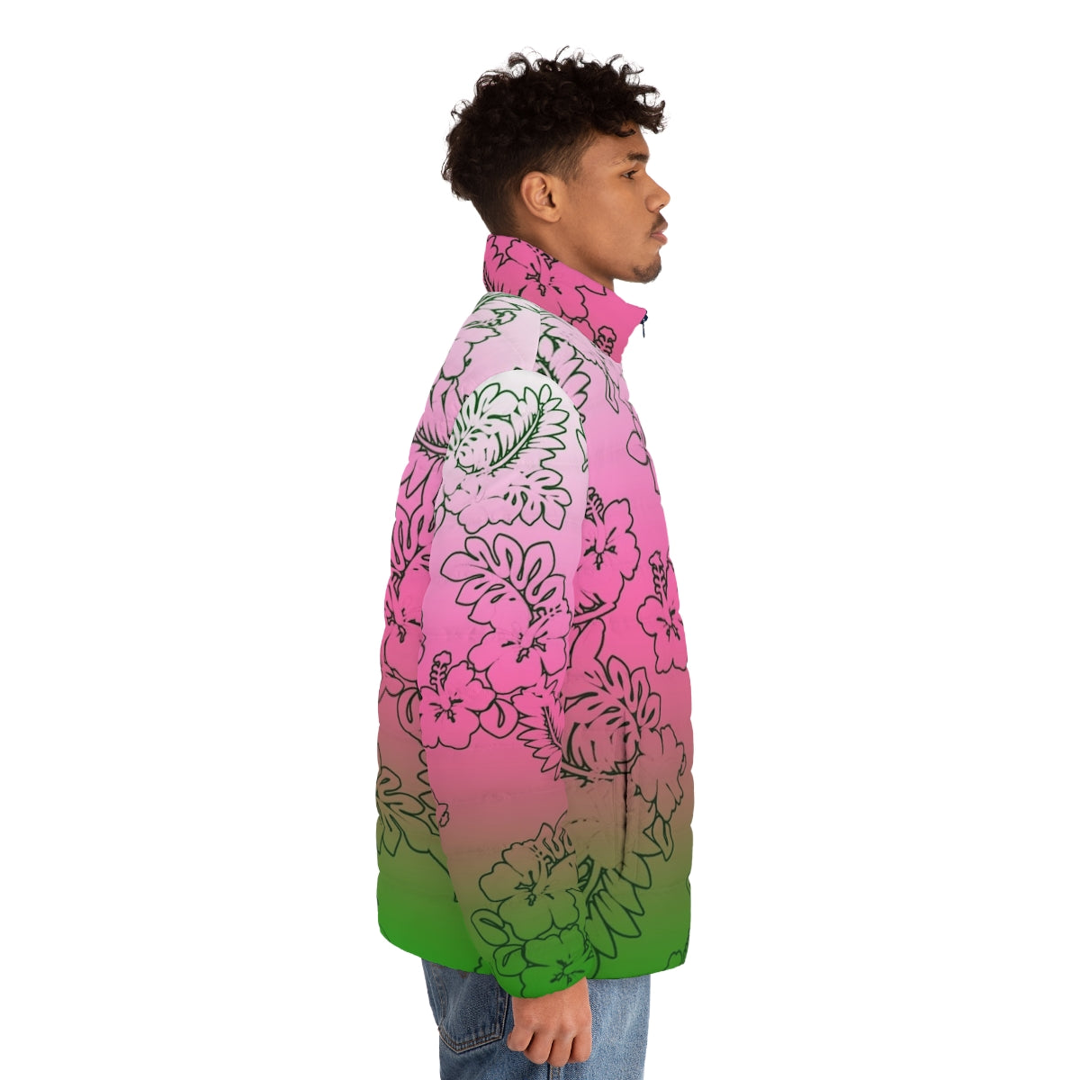 Ombre pink, green, and white puffer jacket with hibiscus flower design - men side right