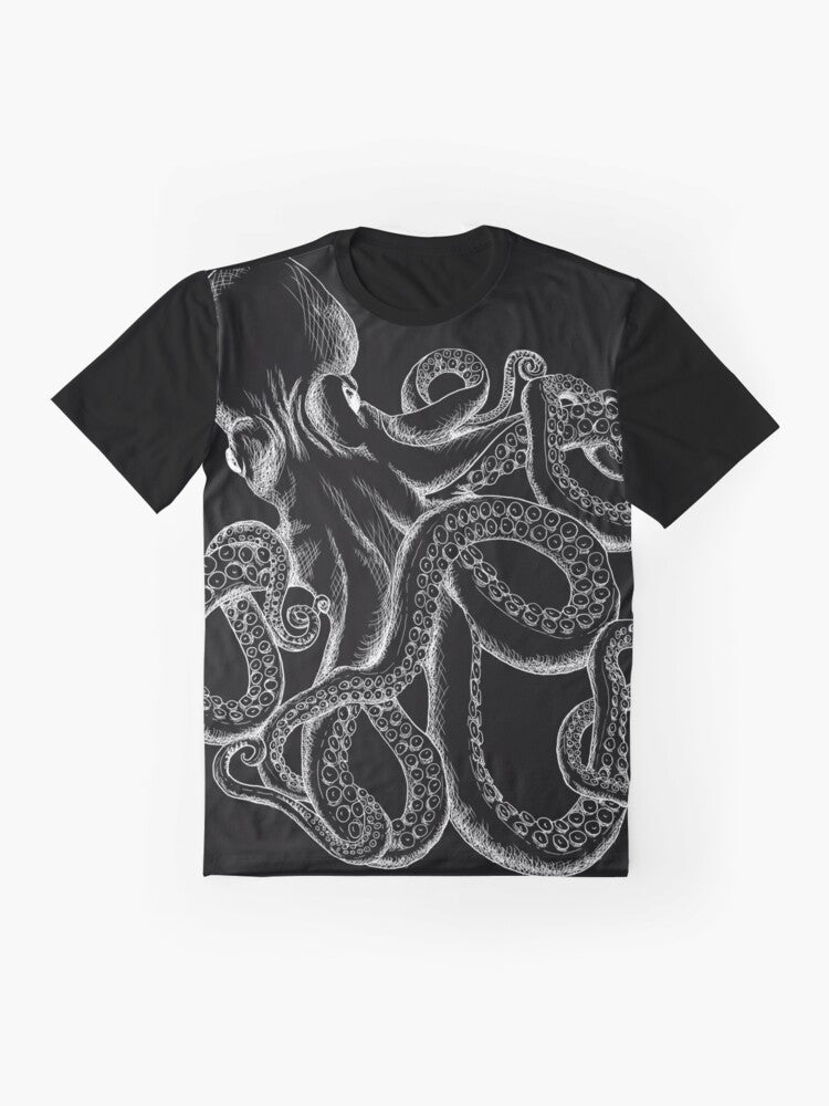 Octopus line art design on a white graphic t-shirt - Flat lay