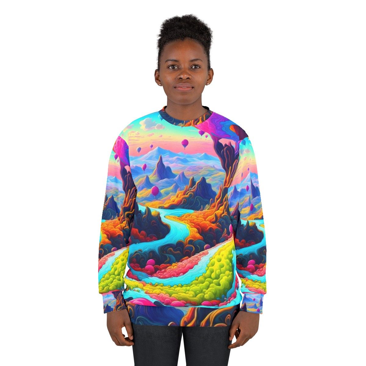 Dreamscape Sweatshirt with Psychedelic, Neon, and Trippy Urban Landscape Design - women