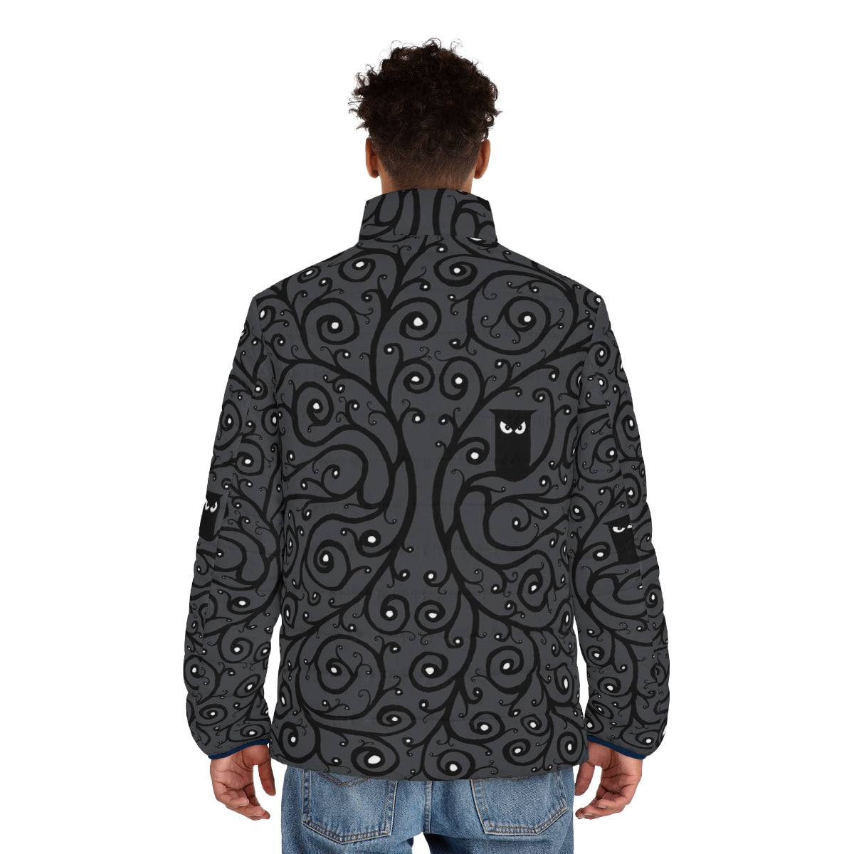 Elegant owl puffer jacket with a captivating nature-inspired pattern - men back