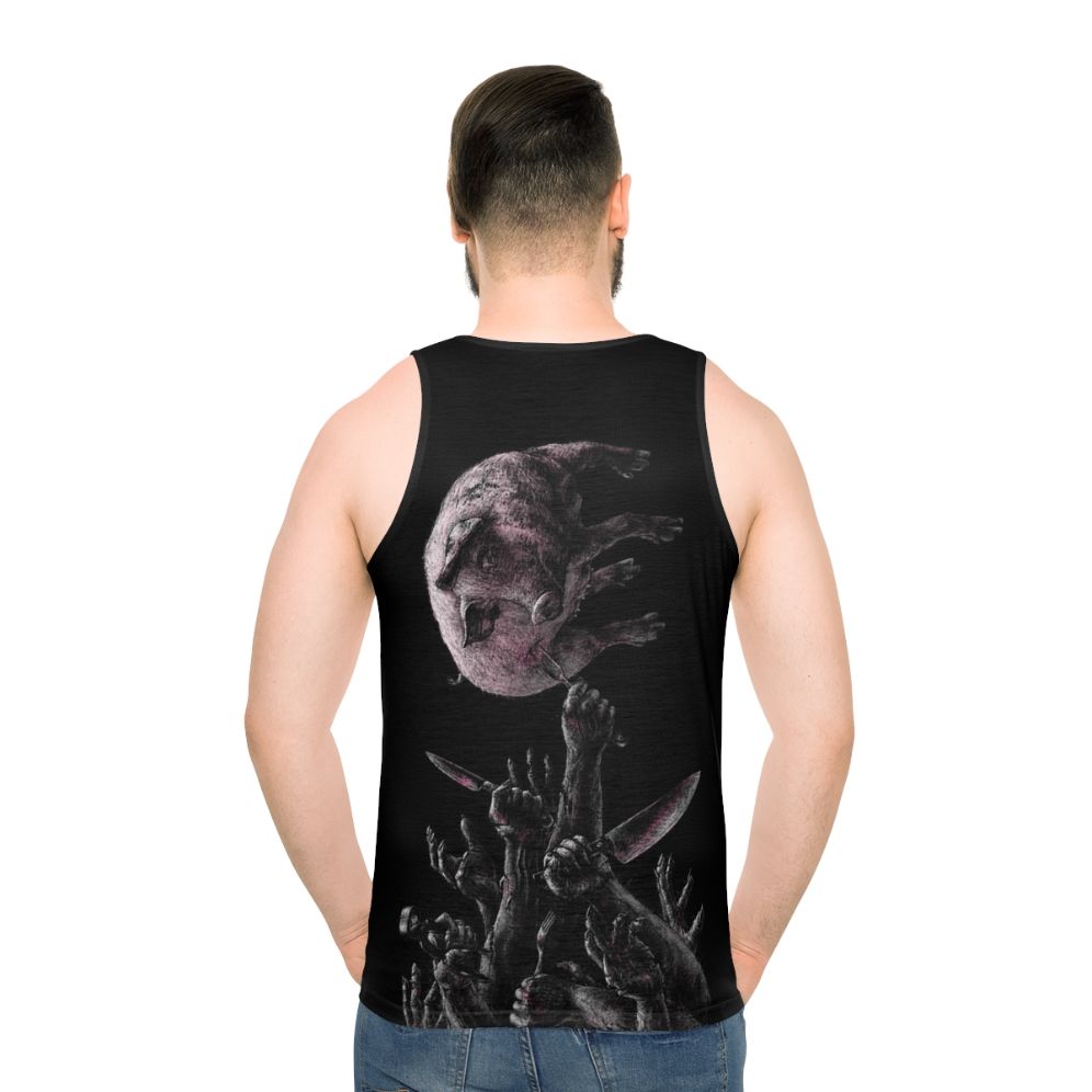 Unisex vegan tank top with pink and red pig skull and cutlery design - men back