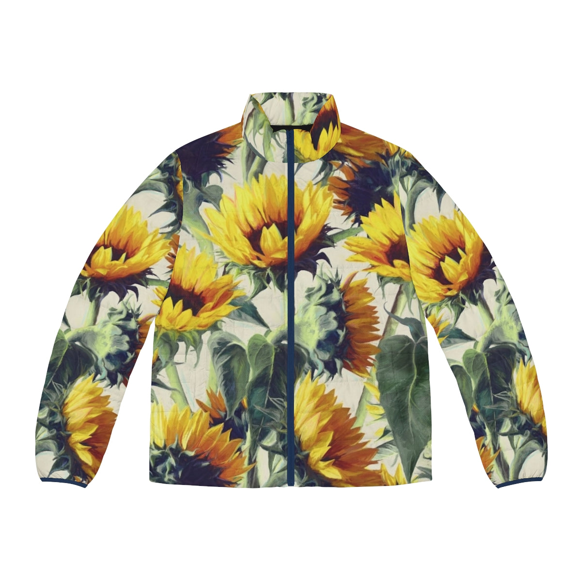 Woman wearing a sunflower puffer jacket with a boho, impressionist floral design