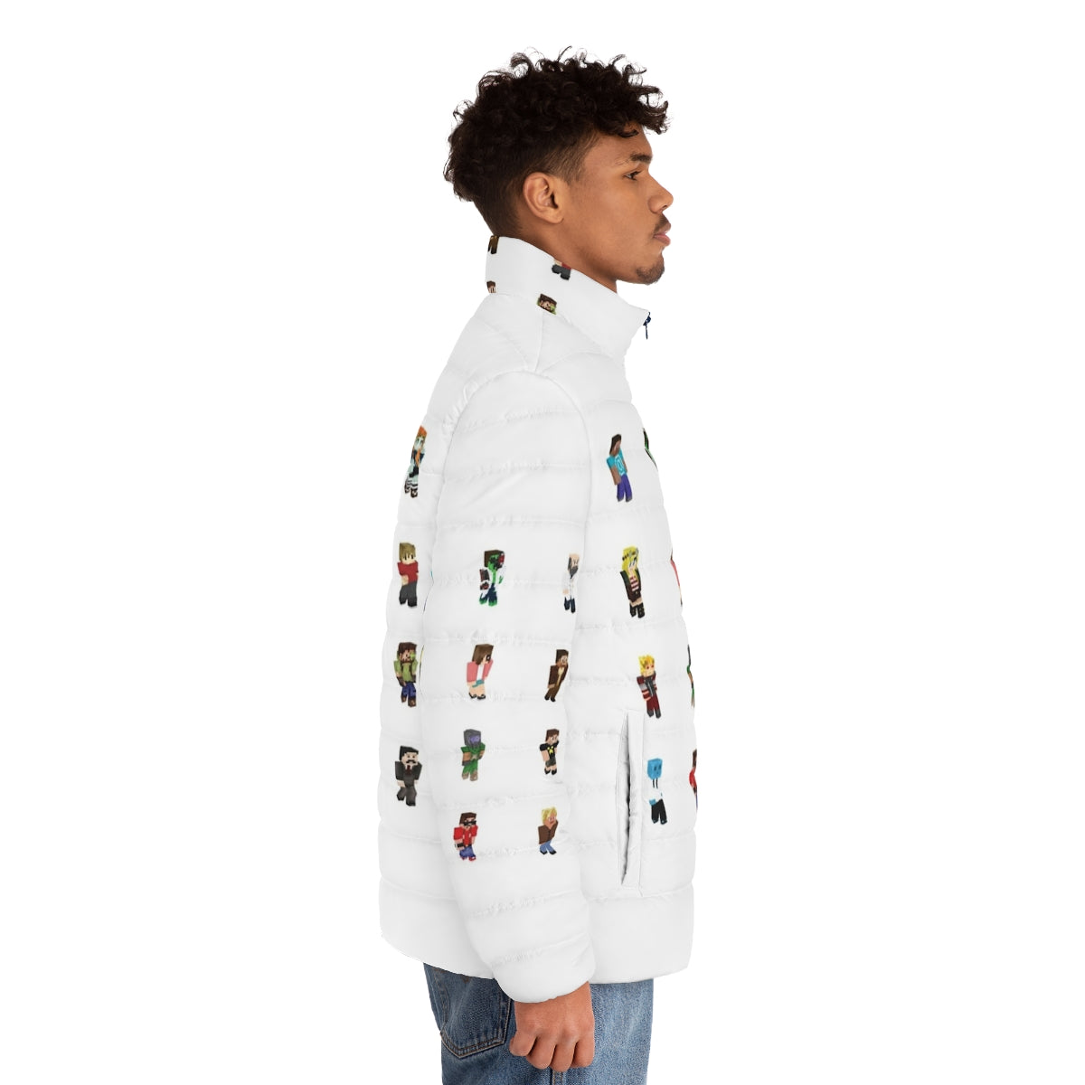 Hermitcraft inspired puffer jacket featuring popular Minecraft YouTubers - men side right