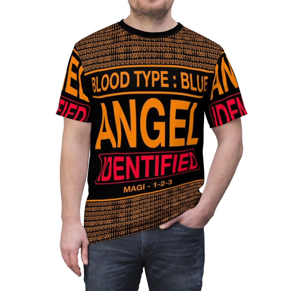 Evangelion-inspired t-shirt featuring an "Angel Identified" design in blue tones. - men front