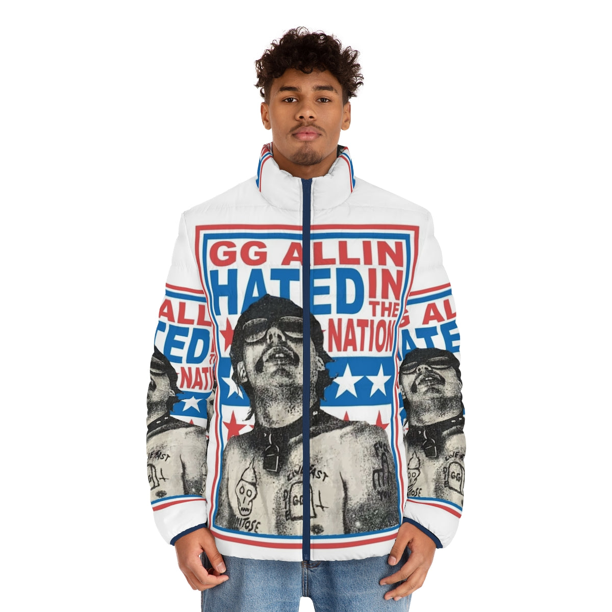 Gg Allin Hated In The Nation Punk Rock Puffer Jacket with American Flag Design - men front