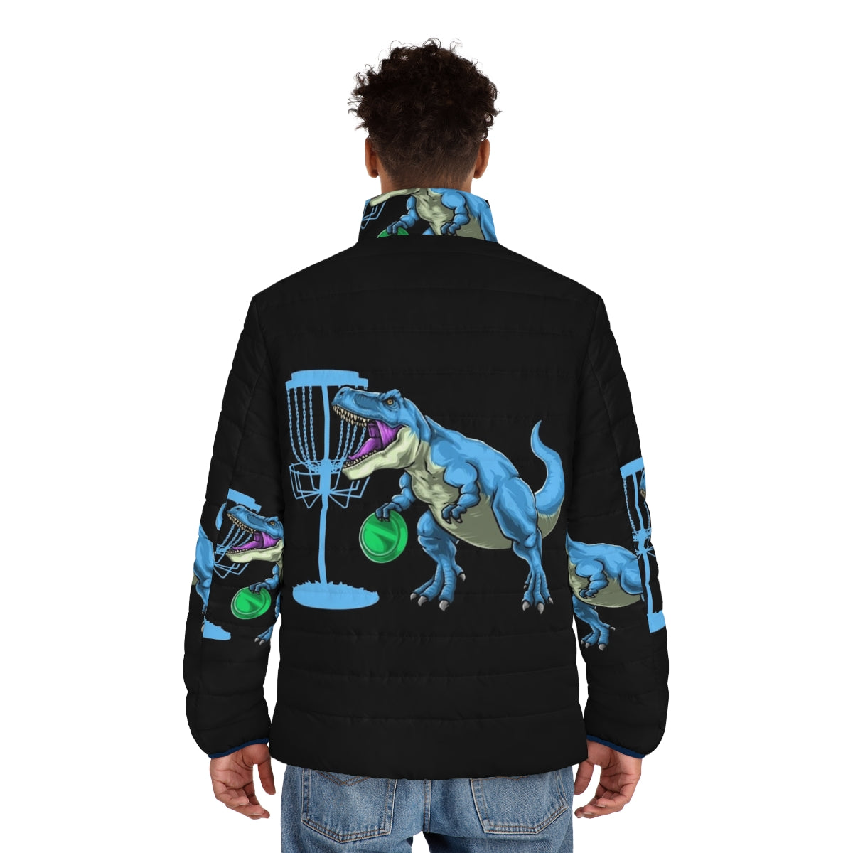 Dinosaur disc golf puffer jacket with t-rex design for disc golfers - men back