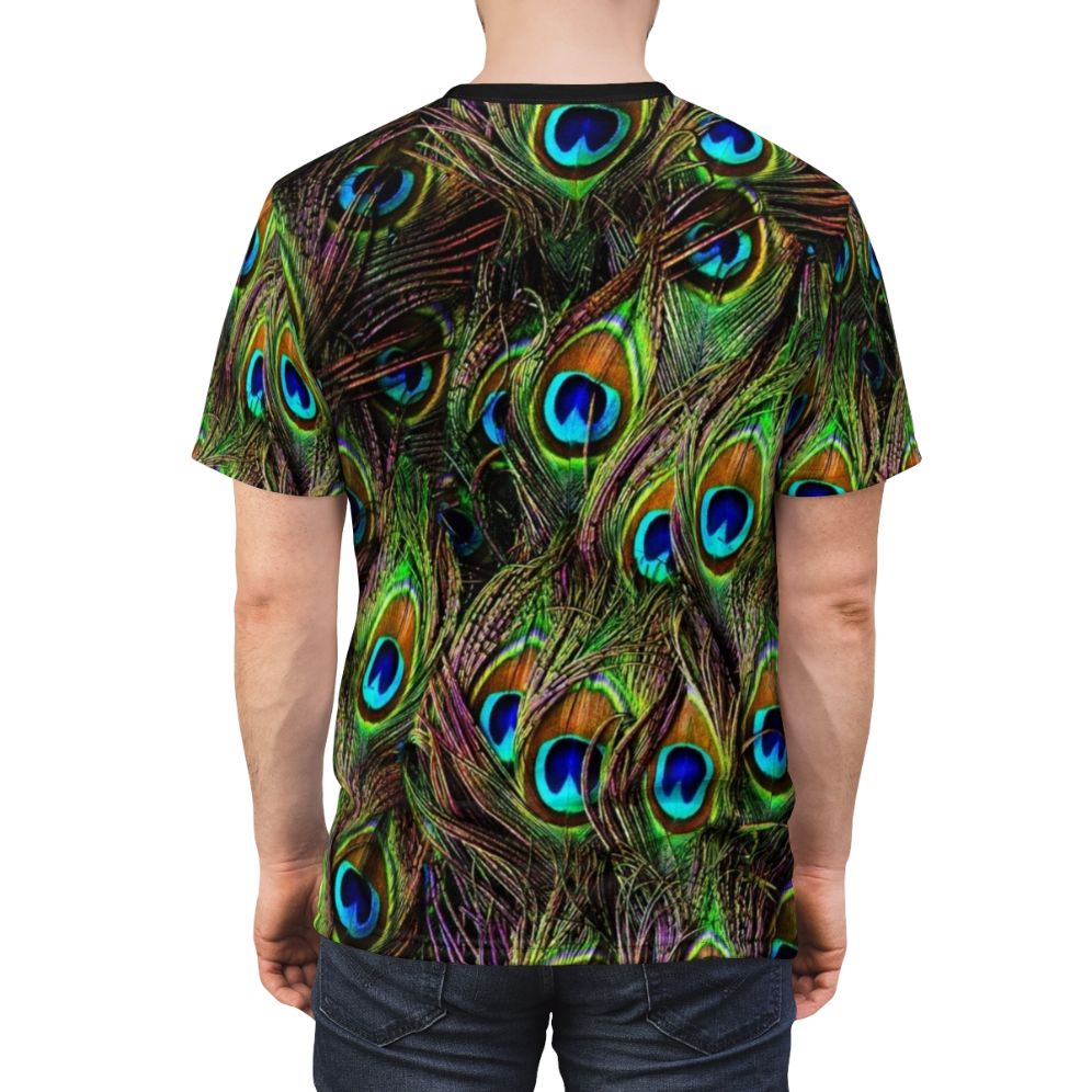 Closeup of a colorful peacock feather pattern on a t-shirt - men back