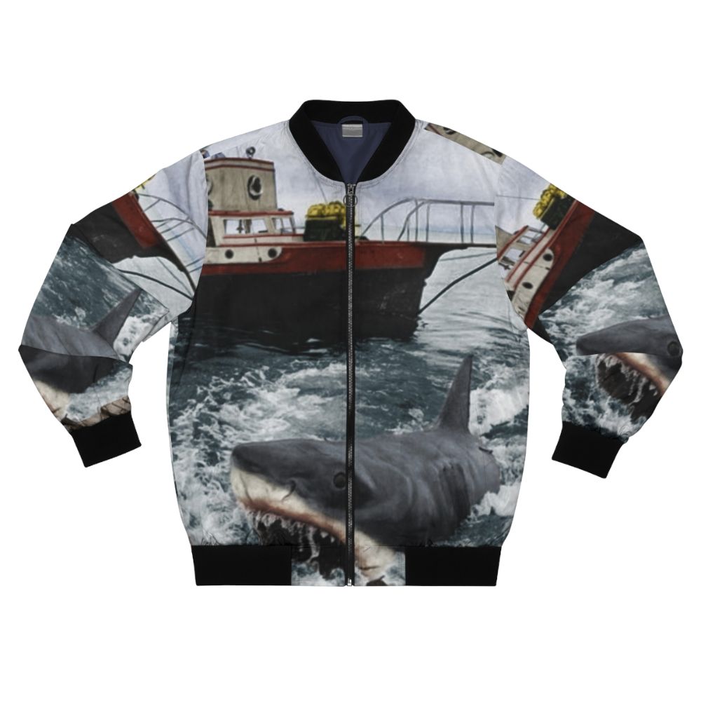 Jaws Shark Bomber Jacket, featuring a vintage, recolored photo of the iconic movie "Jaws"