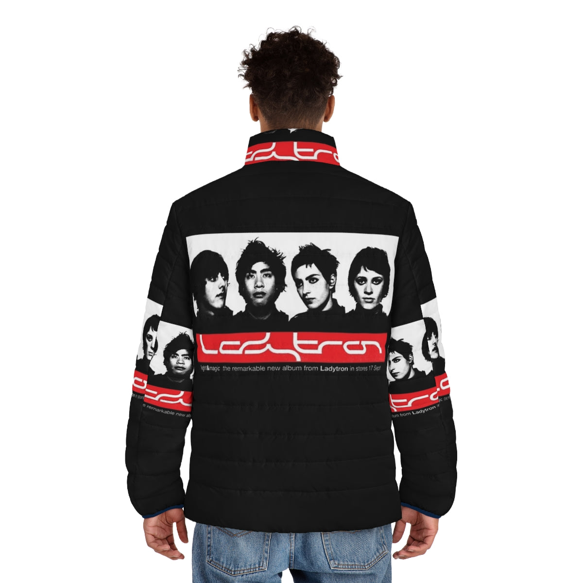 Music art puffer jacket with punk, jazz, and psychedelia inspired design - men back