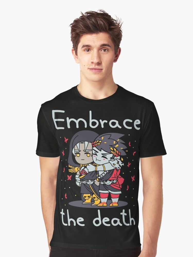 Cute chibi-style Hades video game t-shirt design featuring the character Thanatos and the phrase "Embrace the Death" - Men