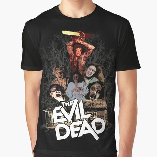 The Evil Dead graphic t-shirt featuring Ash Williams and the Deadites from the horror classic