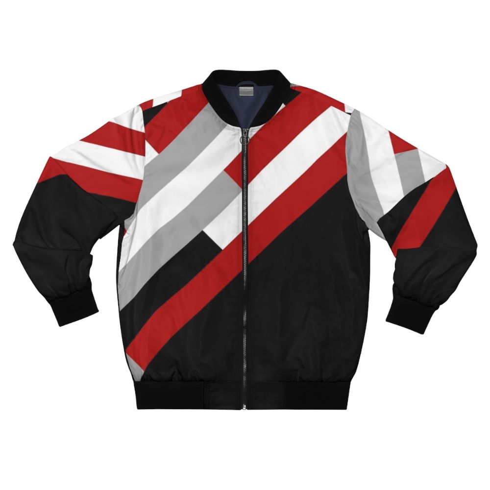 A minimalist bomber jacket with a diagonal stripes pattern in grey, red, and white colors.