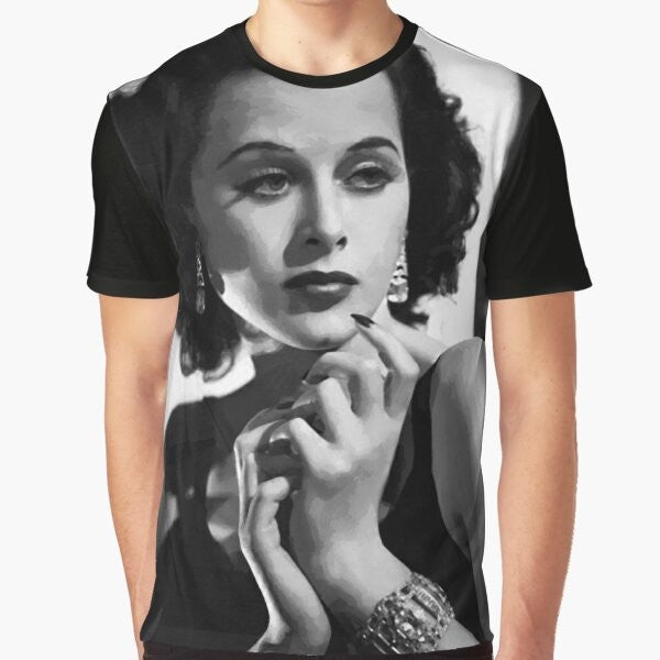 Vintage graphic t-shirt featuring a portrait of legendary actress and inventor Hedy Lamarr in an oil painting style.