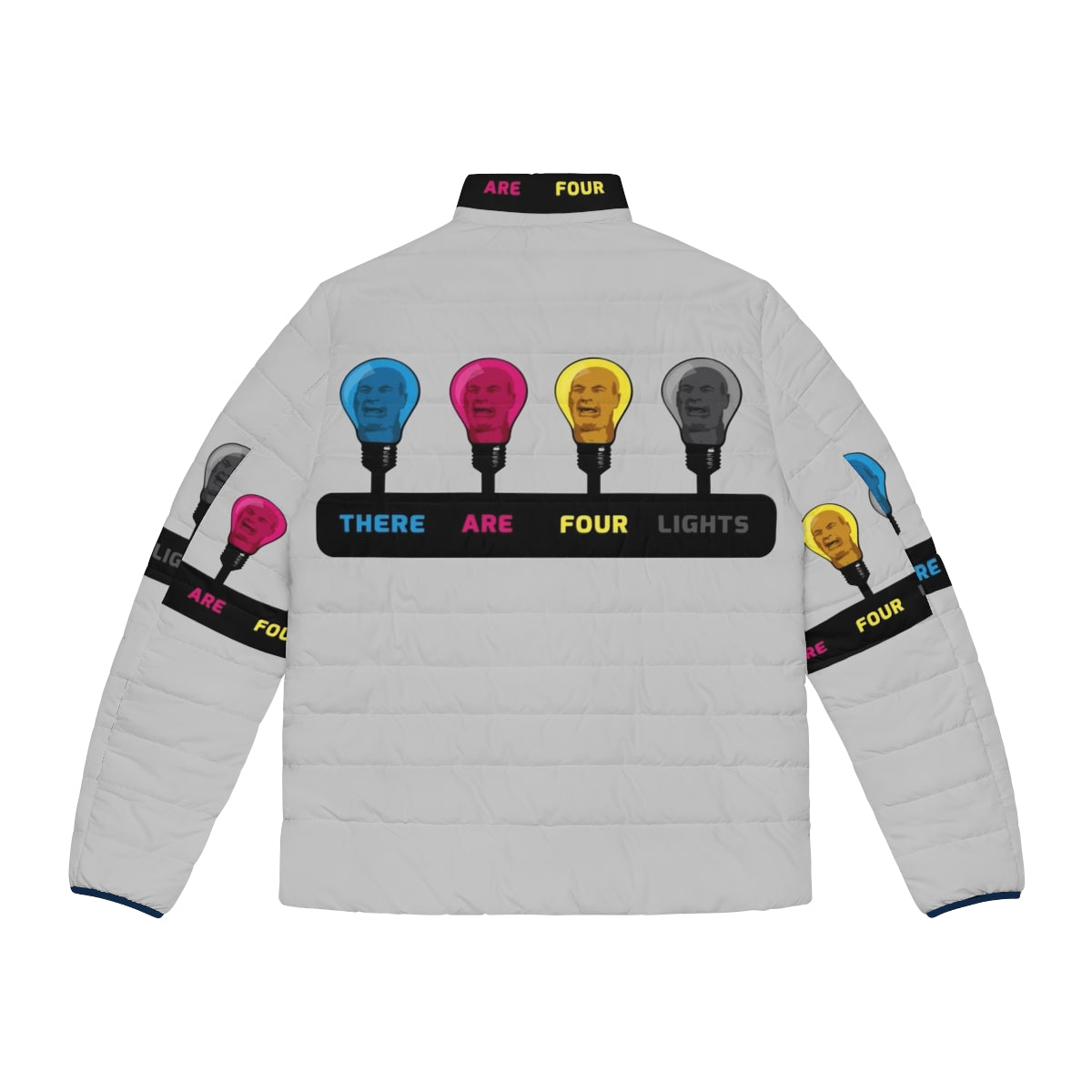 Colorful CMYK puffer jacket with 'There Are Four Lights' sci-fi inspired design - Back