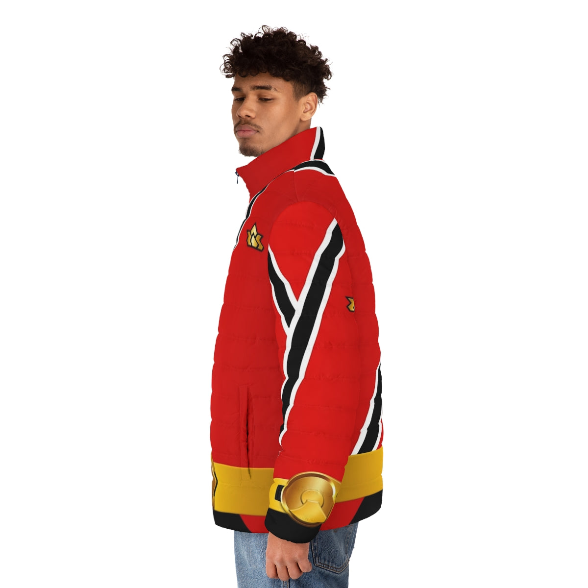 Samurai Red Puffer Jacket with Shinkenger and Super Sentai Inspired Design - men side left