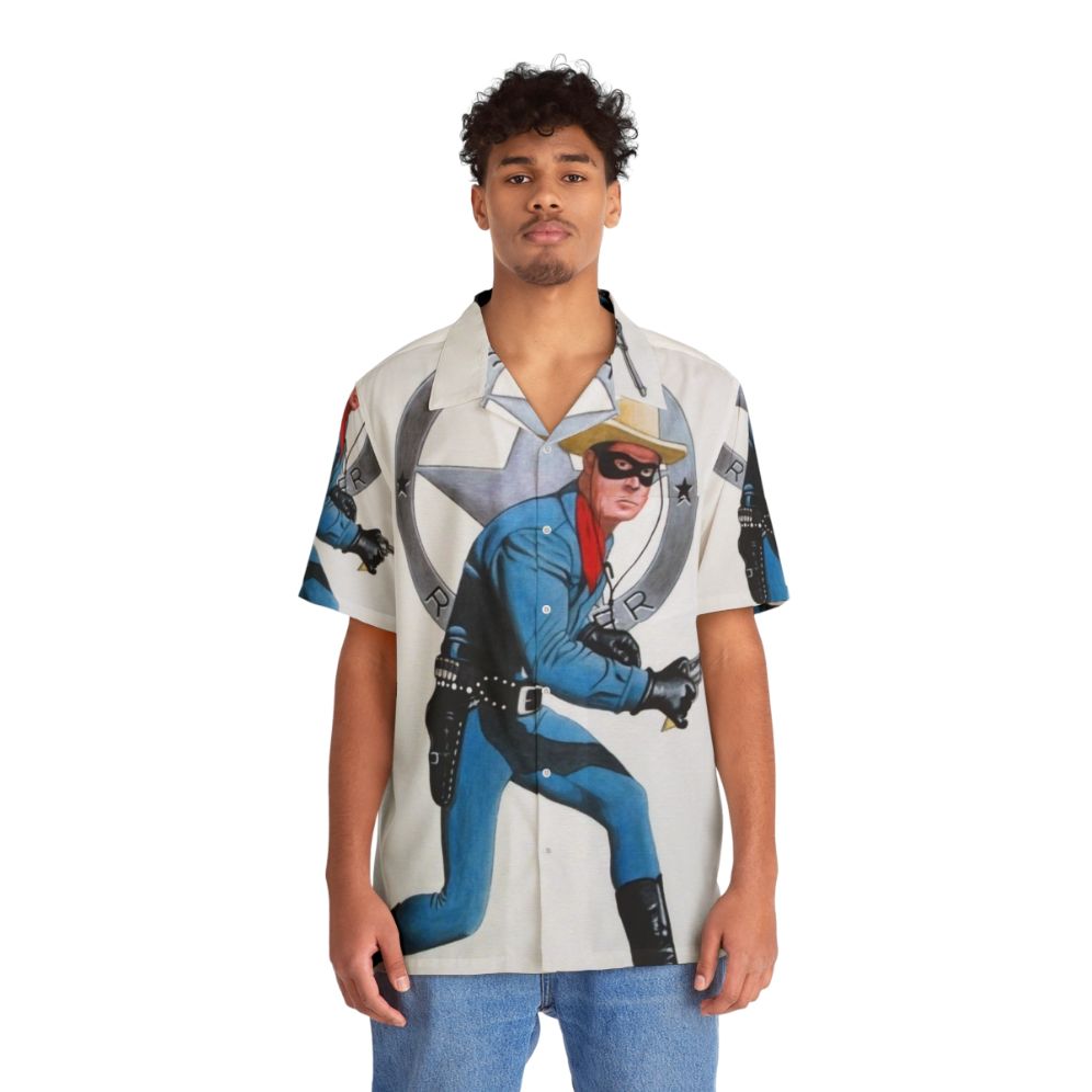 Vintage Lone Ranger Hawaiian Shirt with Superhero Inspired Western Design - People Front