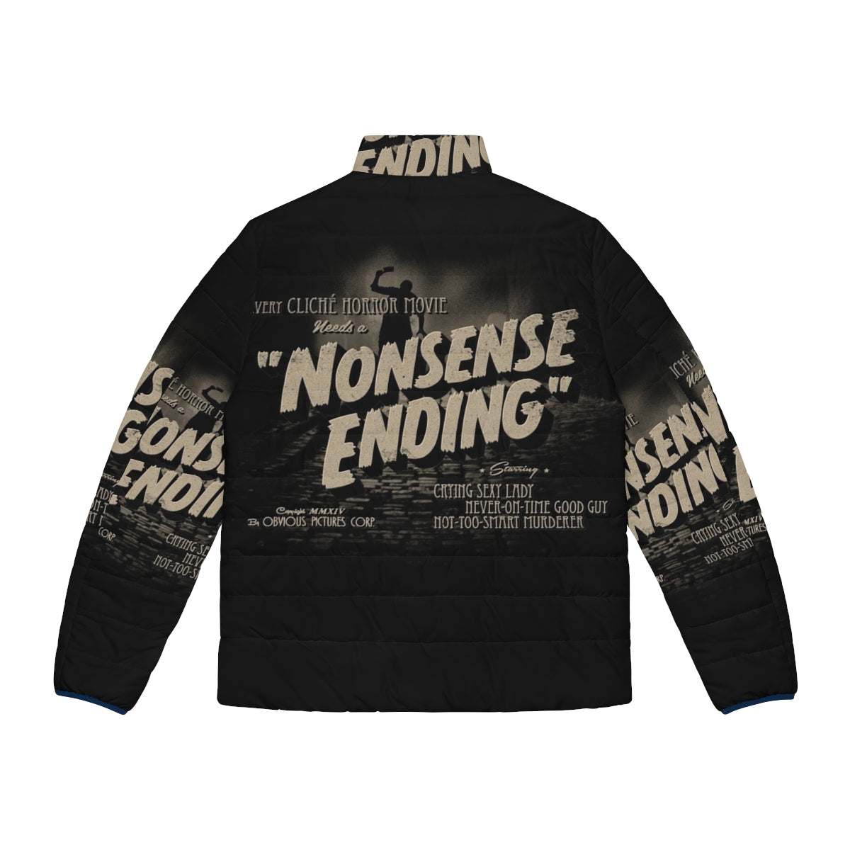 Vintage black and white puffer jacket with a chilling movie-inspired design - Back