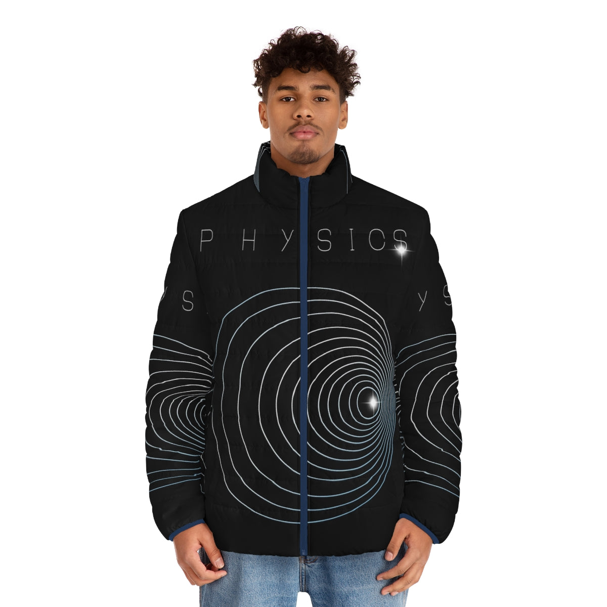 Puffer jacket with physics doppler effect graphic design - men front