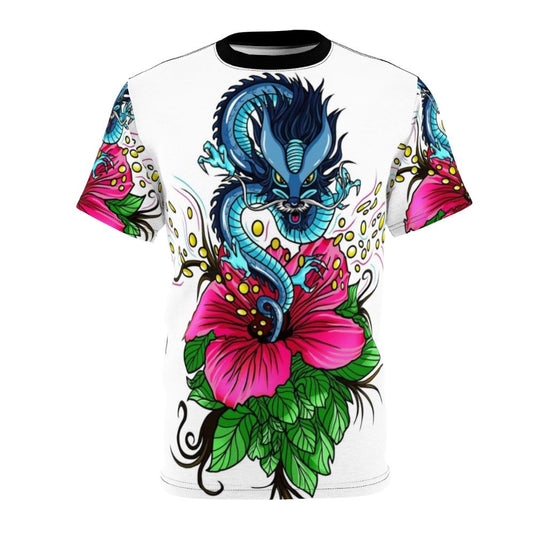 A vibrant all-over print t-shirt featuring a dragon intertwined with a hibiscus flower, in a fantasy, anime-inspired design.