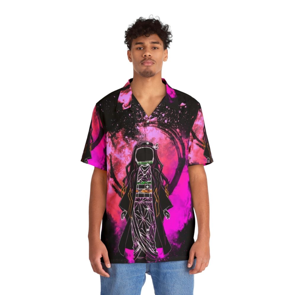 Demon Slayer inspired Hawaiian shirt with colorful abstract and silhouette design - People Front