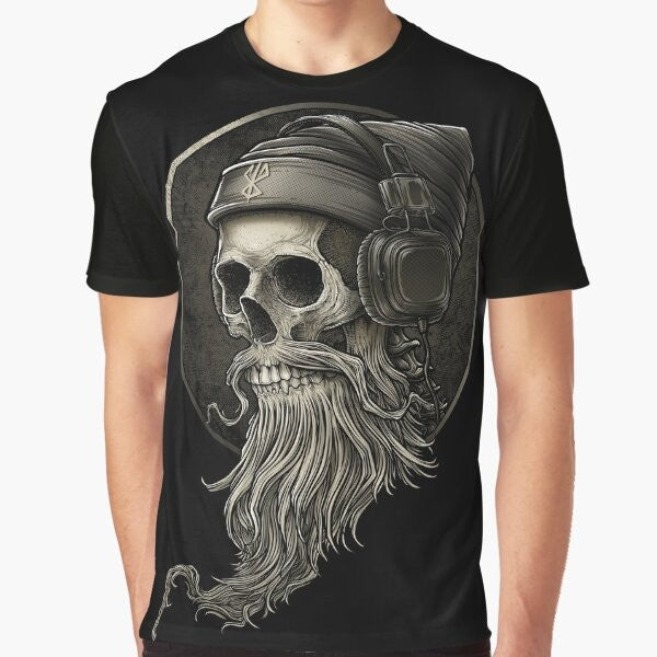 Vintage Viking skull beard with headphone graphic printed on a t-shirt