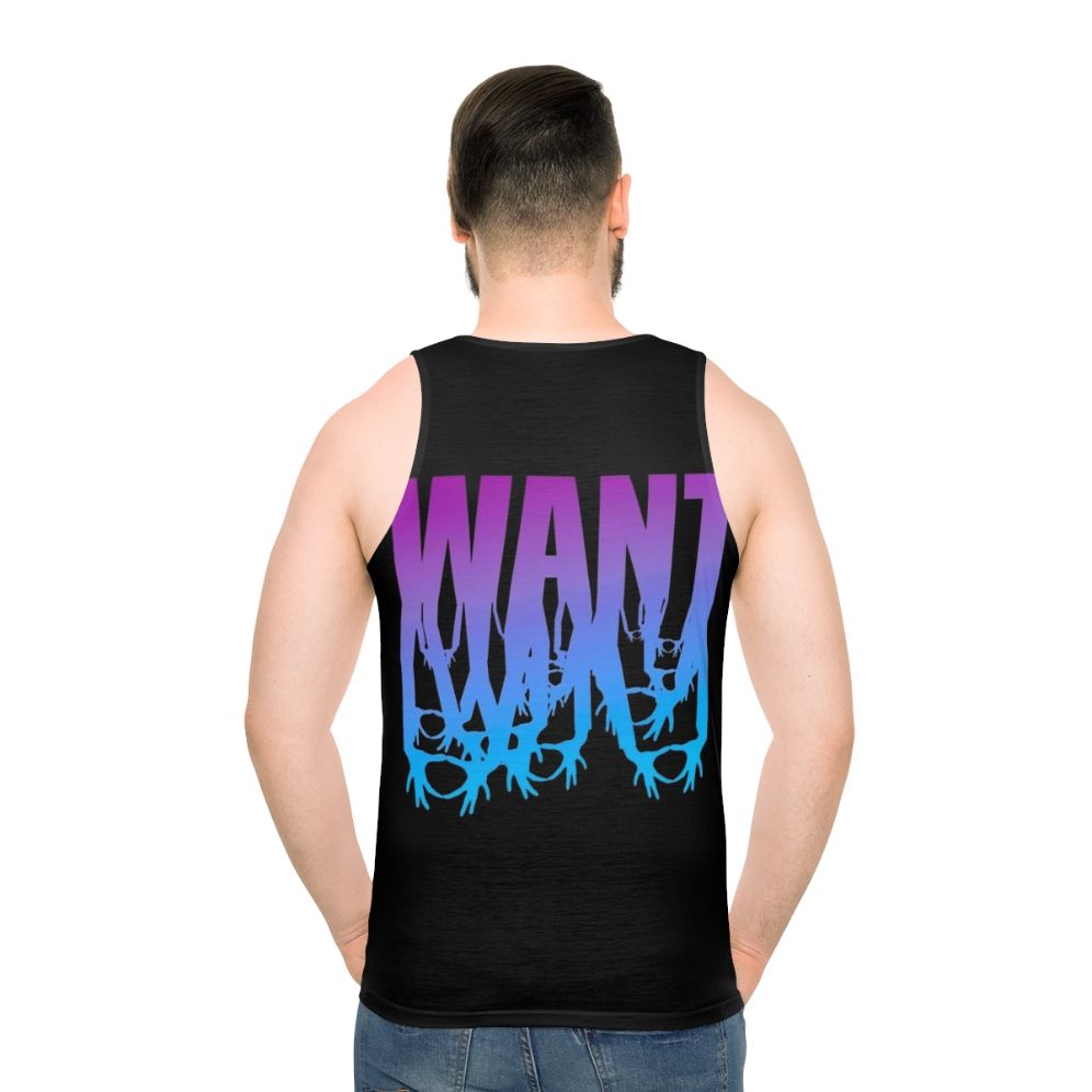 Unisex music fan tank top featuring 3oh3 band logo - men back