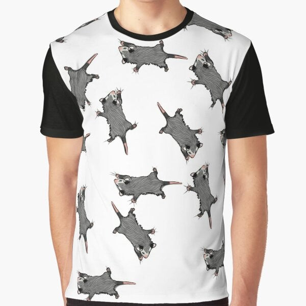 Graphic design of an opossum or possum climbing on a t-shirt