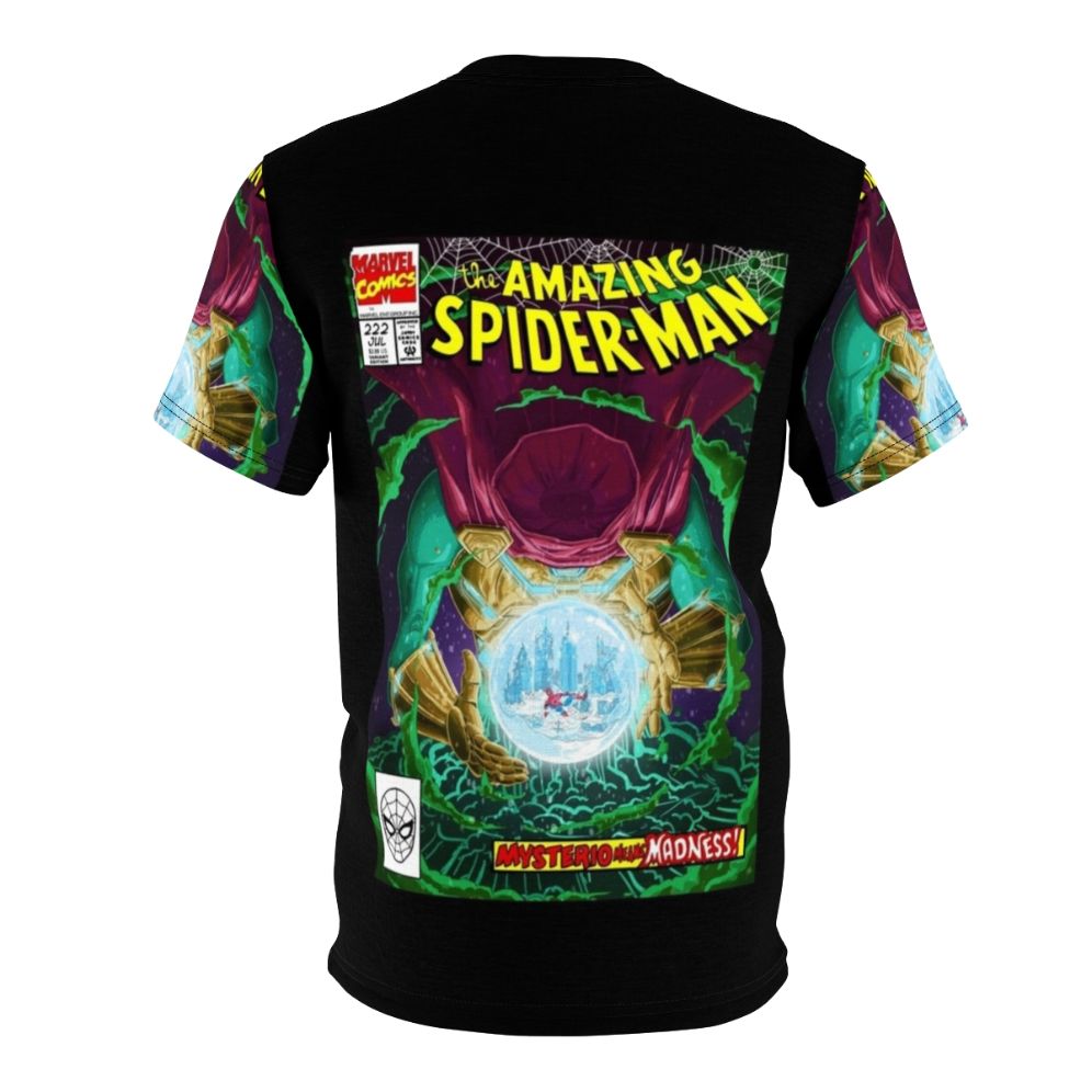 A stylized t-shirt design featuring Mysterio, a Spider-Man supervillain, in a comic-inspired art style. - Back