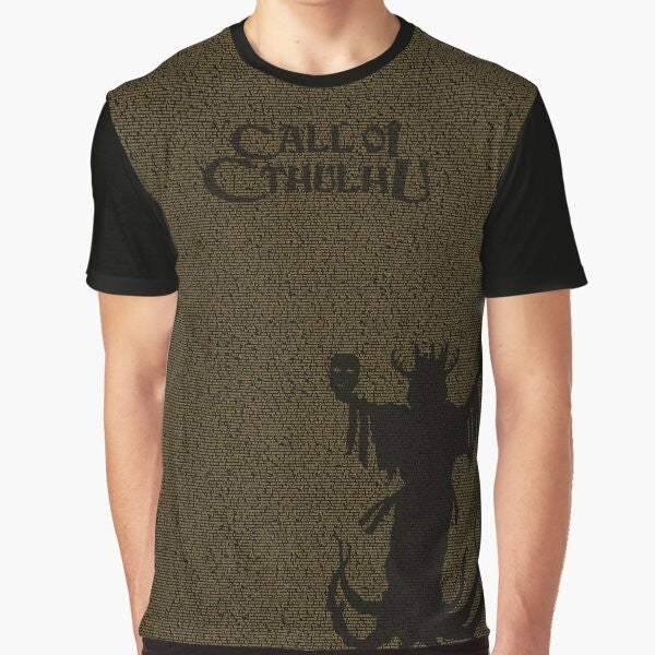 Cthulhu Mythos Hastur graphic t-shirt with text "The Horror Between The Lines"