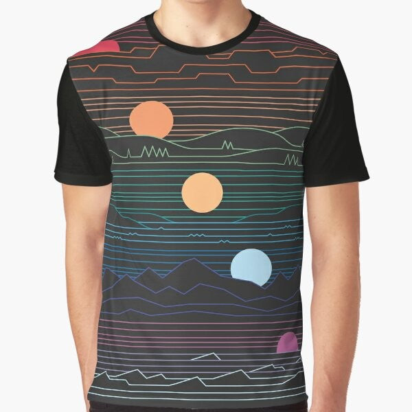 Minimalist graphic t-shirt design featuring a sun and landscape elements in pastel colors, evoking a vintage, vaporwave-inspired aesthetic.